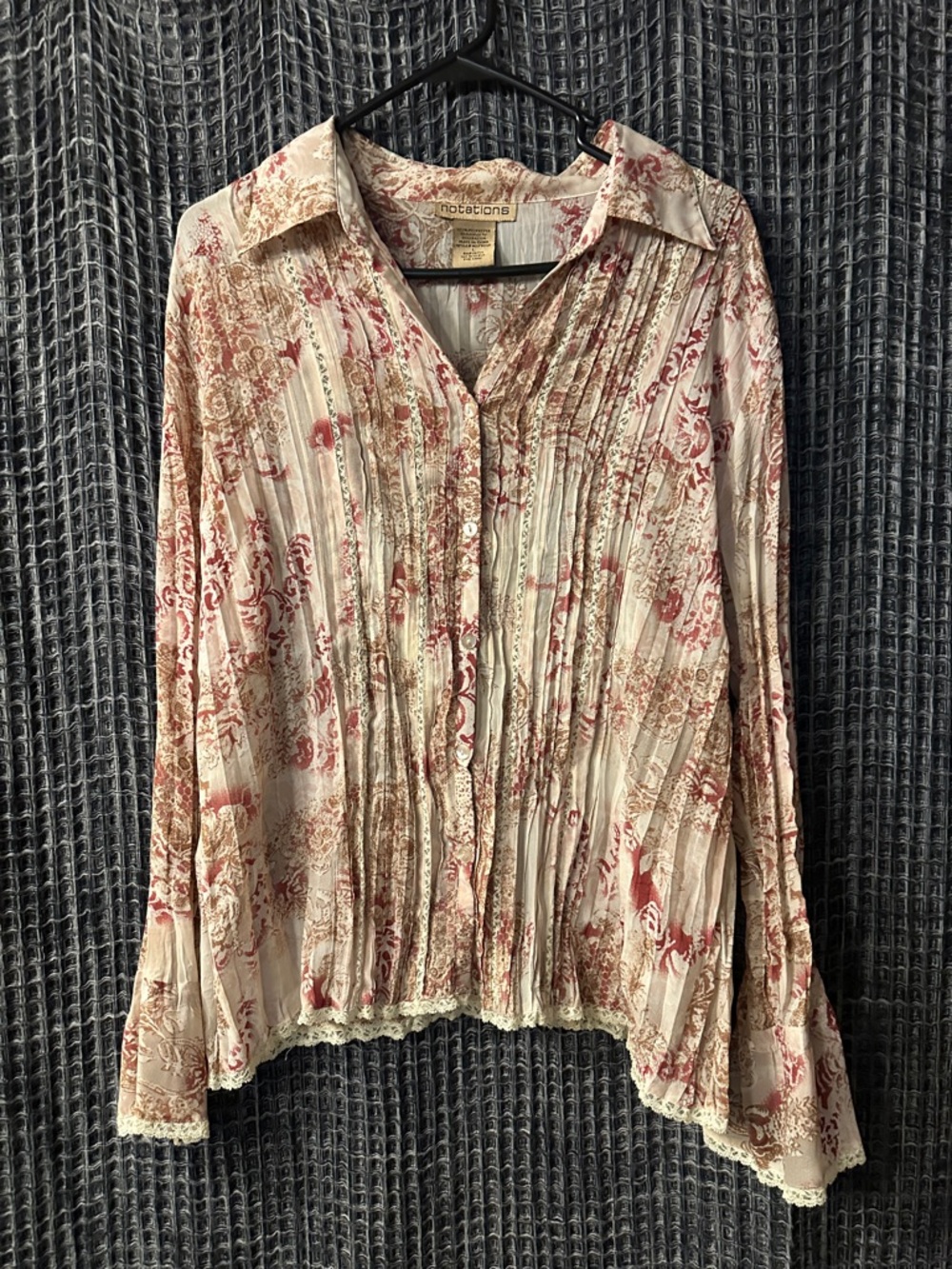 Notations Cream Blouse with Pink Floral Pintuck Front
